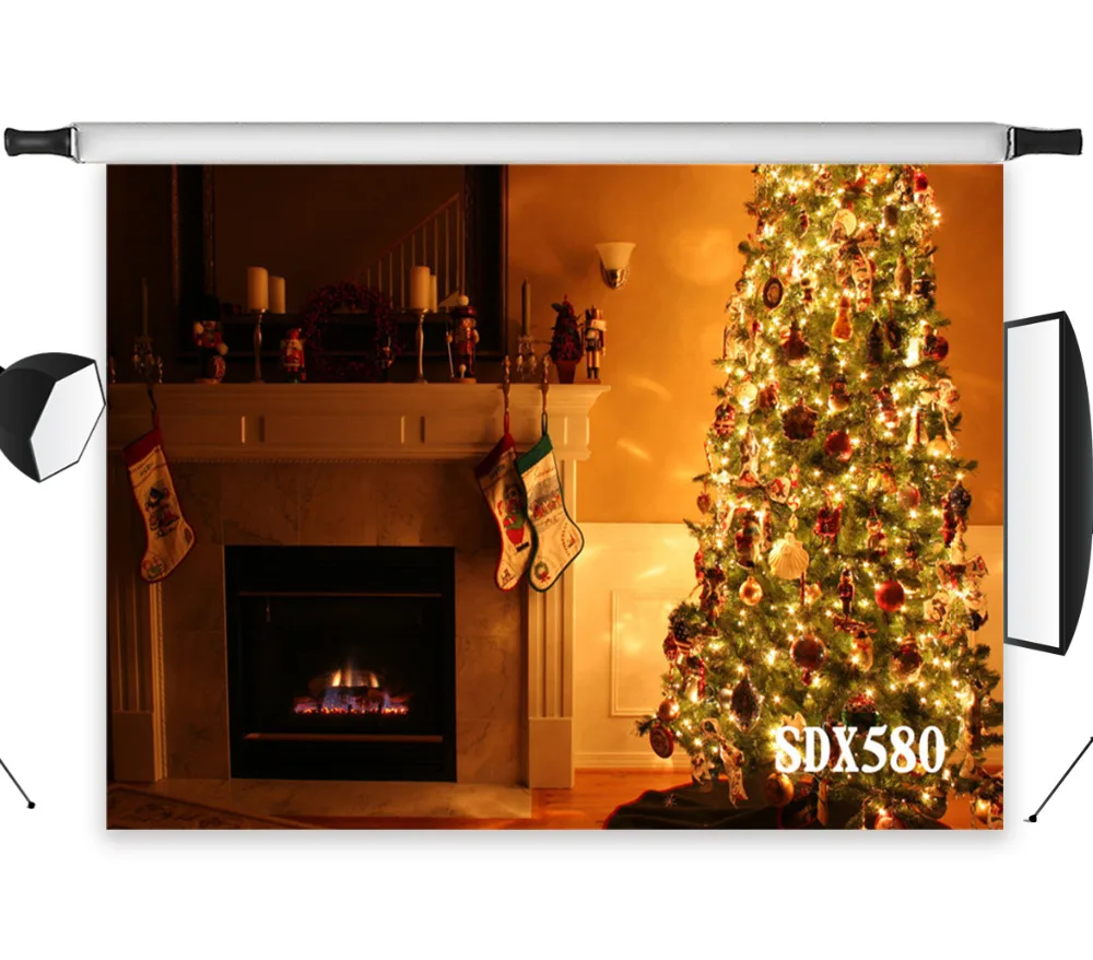 

LB Polyester & Vinyl Christmas Tree Beautiful Decorative Lights Warm Fireplace Backgrounds For Photo Studio Photography Backdrop