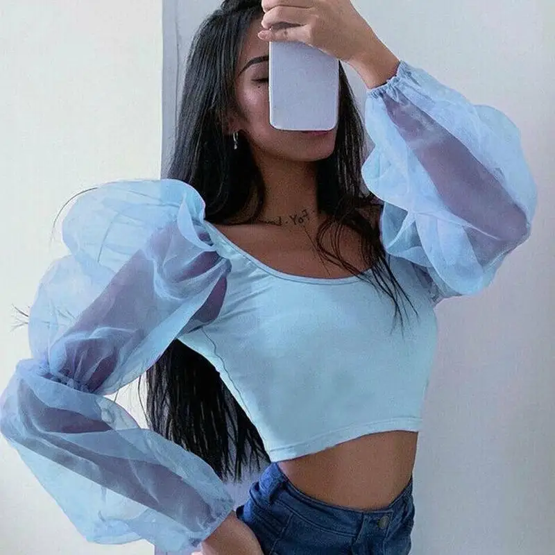 1 шт. сексуальные женские весенние сетчатые рубашки с пышными рукавами Топы и