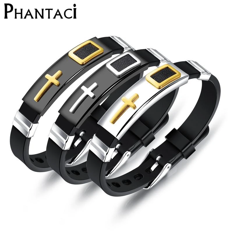 Модный браслет из нержавеющей стали с крестом, Мужской силиконовый черный браслет, мужской браслет, крутой Резиновый Браслет-манжета, Мужской панк стиль, Новинка