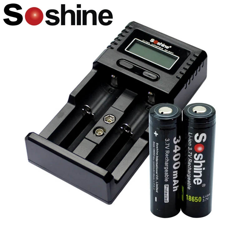 

2pcs Soshine 18650 3.7V 3400mAh Rechargeable Battery Protected with H2 LCD Charger