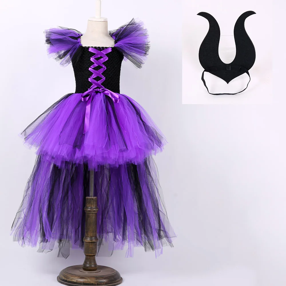 VASHE Fantasias Maleficent queen костюм для девочек Дети Хэллоуин Maleficent Косплэй костюмы ведьм Необычные платья партии - Цвет: Фиолетовый