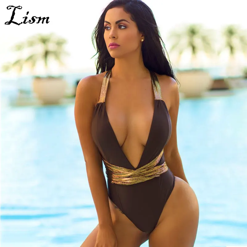 2020 сексуальный женский купальник с золотыми блестками и глубоким v образным