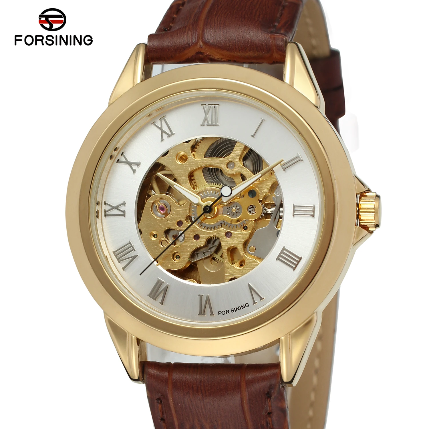 Часы наручные Forsining Мужские механические брендовые Роскошные с кожаным ремешком