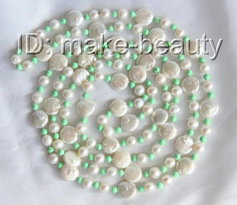 

long 55" 12mm round white freshwater pearl green stone necklace h1518