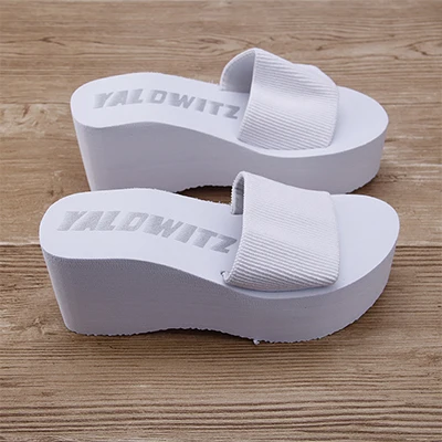 white 7cm Дешевые простые тапочки Chanclas из эластичной ткани; женские пляжные сланцы на высоком каблуке; летние сандалии на платформе; zapatos mujer; женская обувь - Цвет: white 7cm