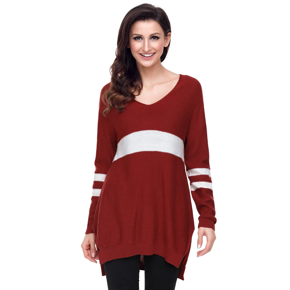 Women Warm Casual Sweater V Neck Patchwork Loose Knit pullovers Long Tops the of European And American | Женская одежда