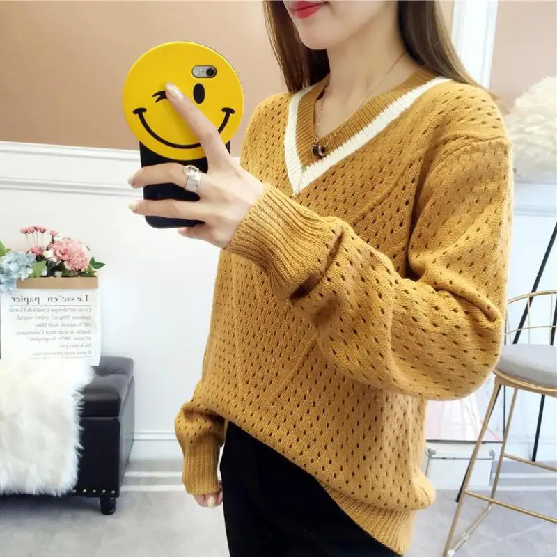 Yellow Women's Knitted Sweater Spring Autumn Thin Striped Harajuku Fashion Hollow Slim Stretch Clothing Female Casual Style Tops | Женская