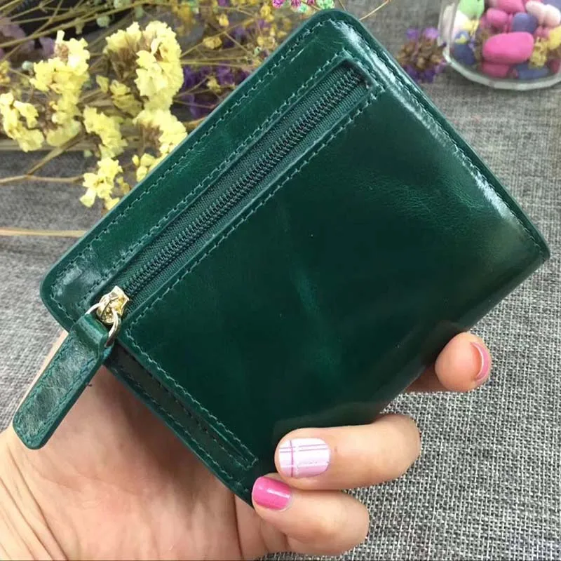 Green Мини кошелек из натуральной кожи женский короткий кошелек для монет с держателем для карт масло воск коровья кожа пластиковые контейнеры для крема оранжевый синий черный тонкий - Цвет: Green