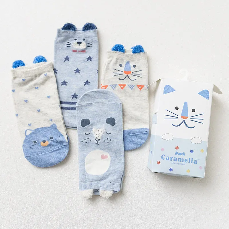 Подарочная коробка милые Мультяшные узоры Короткие хлопковые носки для женщин Весна Лето модные короткие носки женские носки-лодочки 4 пар/кор - Цвет: 56574