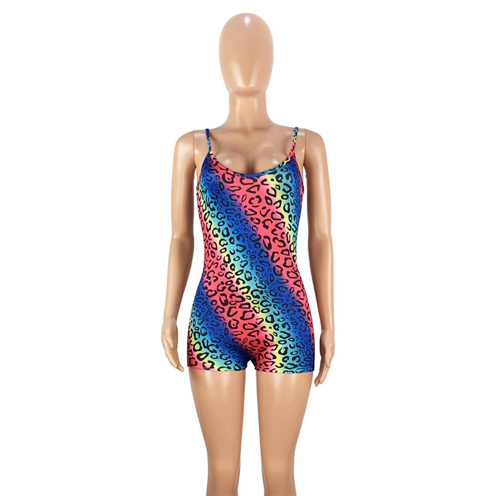 2019 Для женщин Радуга Playsuit Sexy Club летних вечеринок Sleveeless Bodycon спагетти леопардовый