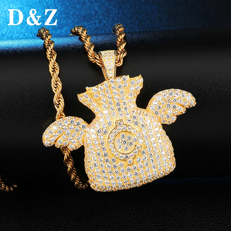 

D&Z Bling Iced Out AAA+ CZ Money Bag with Love Wings Pendant Necklace For Men Women Hip Hop Jewelry