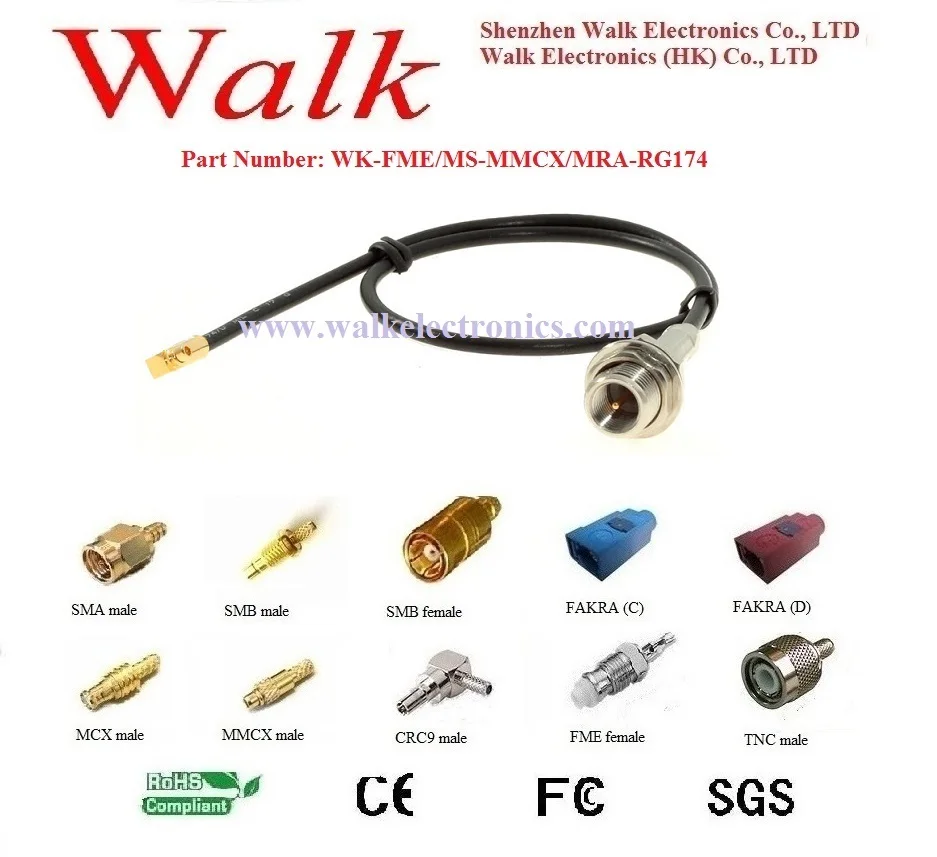 

RF cable assembly: FME male straight to MMCX male right angle with RG174 cable
