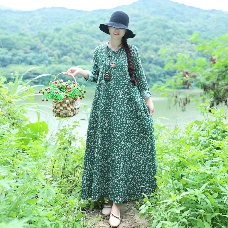 Винтаж Этническая Для женщин Цветочный Принт Свободные V шеи хлопок белье платье