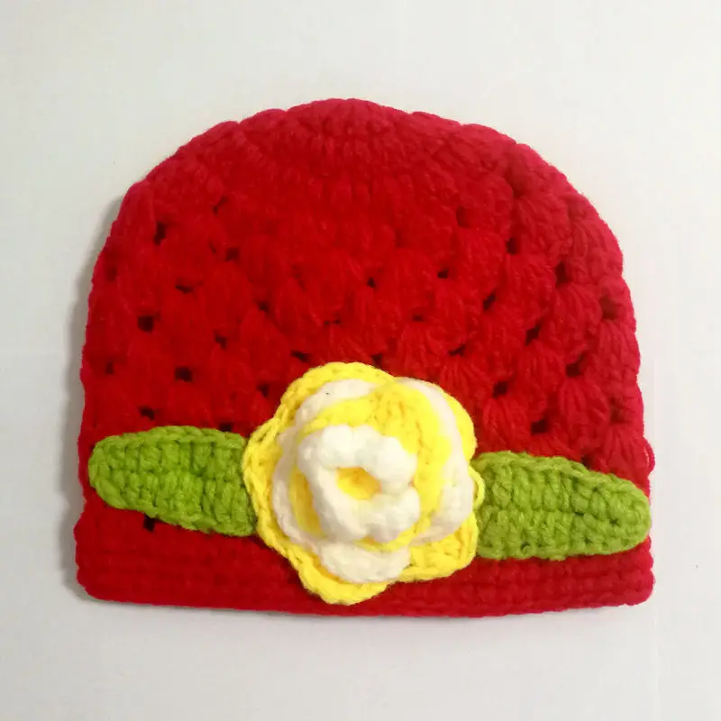 1 Red hat yellow flo Весенняя вязаная крючком шапка для маленьких девочек; детская шапочка для душа; ручная вязаная шапка с цветами для новорожденных; H950S - Цвет: 1 Red hat yellow flo