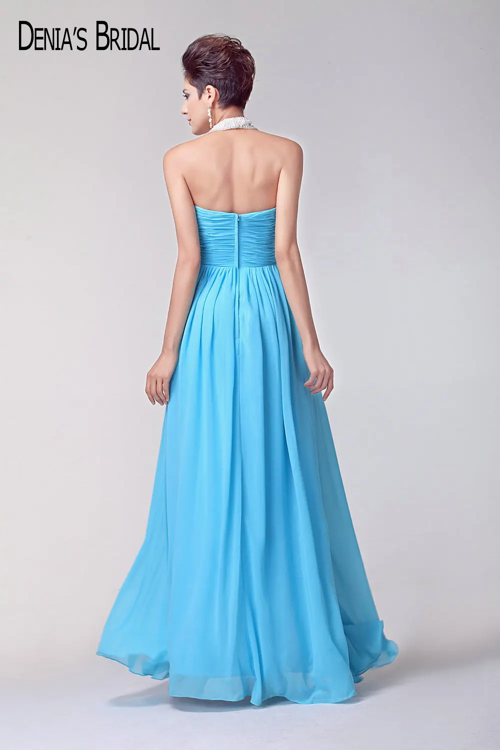 2017 Реальные изображения синие вечерние платья без рукавов с лямкой на шее