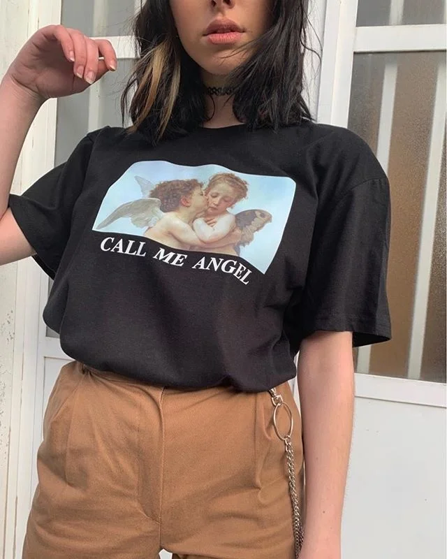 Kuakuayu HJN, женская футболка с надписью «Call Me Angel», Tumblr, модная Милая Летняя Повседневная футболка с короткими рукавами