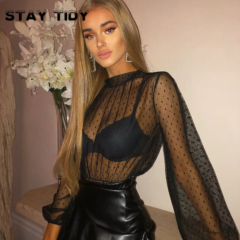 Женские Прозрачные топы в горошек STAY TIDY черные кружевные Футболки с длинным