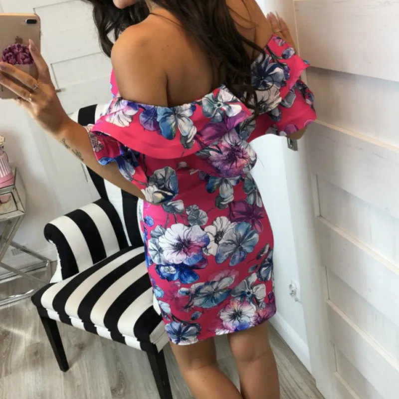 Для женщин летнее платье 2018 оборками Bodycon посылка бедра мини сексуальное Slash шеи