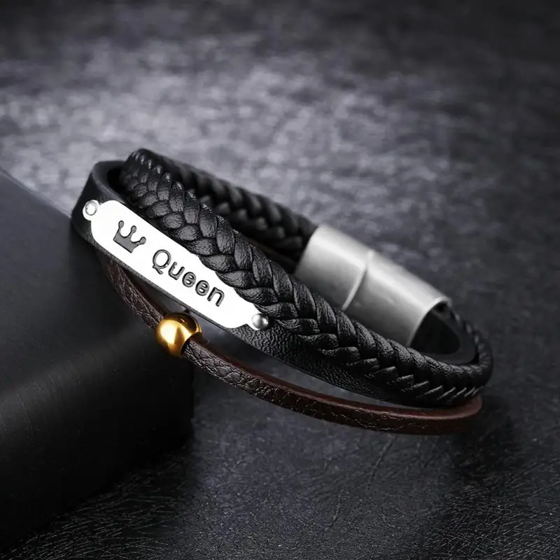 Jiayiqi Punk Genuine Leather Bracelets For Men Jewelry Stainless Steel Queen Bangle Braided Rope Chain Multilayer Wristband Gift | Украшения