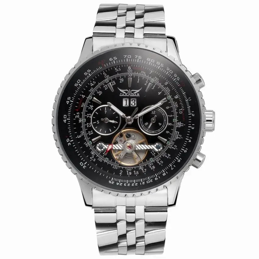 blalck silver 2 Бренд JARAGAR с большим лицом, три циферблата, календарь, нержавеющая сталь, турбийон, автоматические механические часы для мужчин, Hodinky - Цвет: blalck silver 2