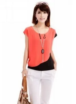 Free shipping 2014women's all-match shirt o-neck color block decoration plus size loose short-sleeve top chiffon blouses AR-0172 |