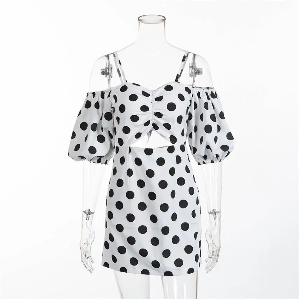 

Women Summer Dress 2018 Sexy Polka Dot Bodycon Hollow Out Puff Sleeve Spaghetti Strap Strapless Party Dress