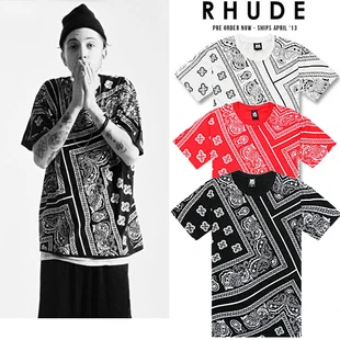 Повторяющийся Пейсли Rhude бандана печати Графический Футболка Черный Белый Красный Tyga хип хоп