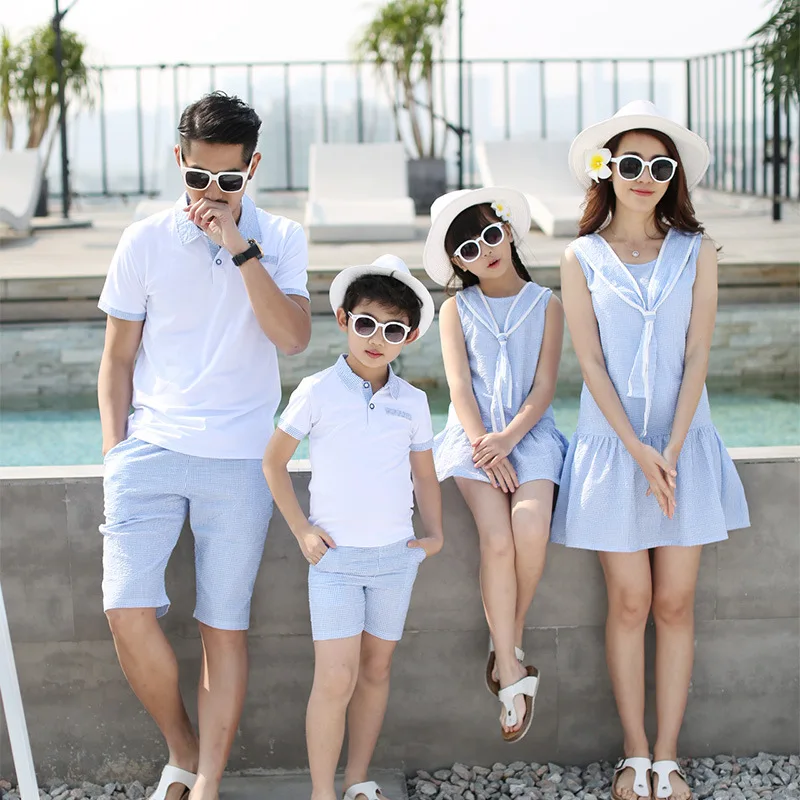 

new Family Matching Outfit Summer new bubble bubble female father and son suit T-shirt and pants mother and daughter dress