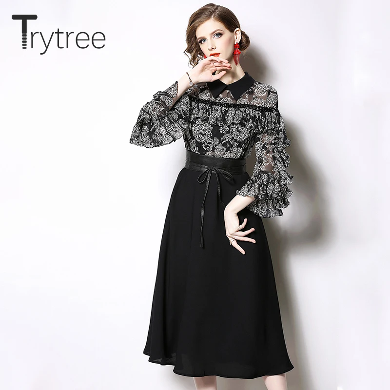 Trytree лето осень Повседневное платье с принтом бабочки расклешенными рукавами