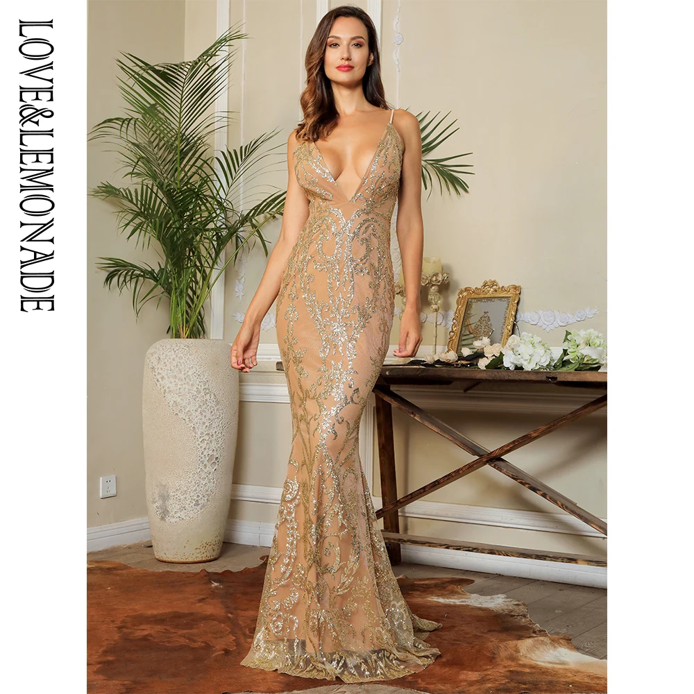 Длинное платье LOVE & LEMONADE блестящее облегающее на бретельках с глубоким