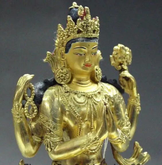 S5364 9 &quotТибет Буддизм Бронзовый 24 К Золото 4 Руки arms Ченрезиг Kwanyin Статуя Будды |
