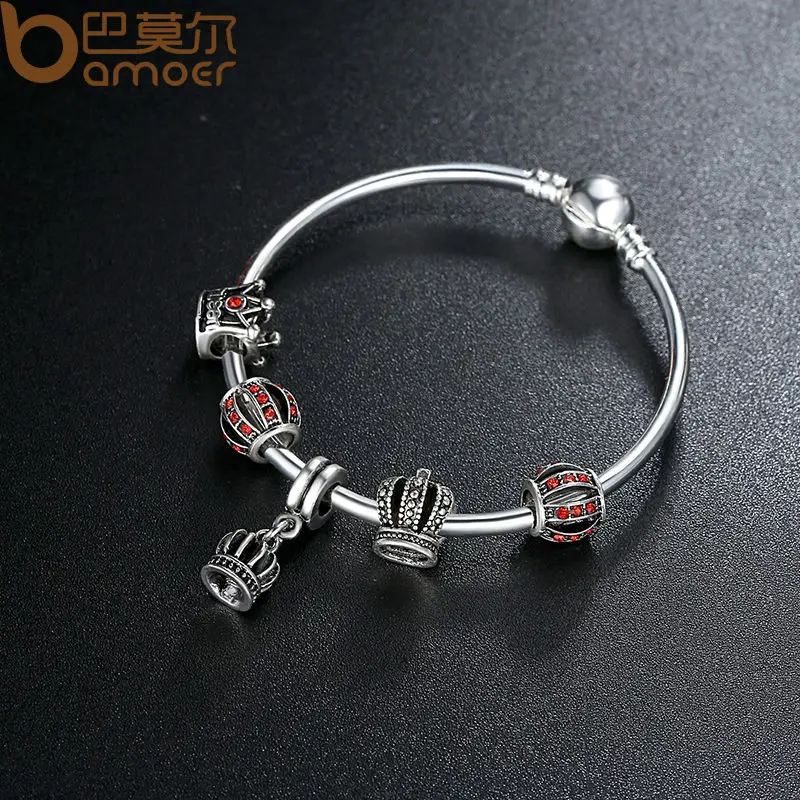 Простой 925 серебряный браслет и с королевская корона подвеска красный