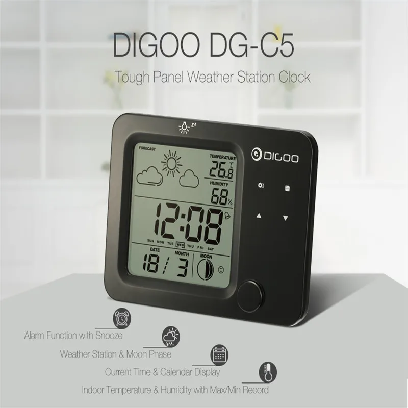 Digoo DG-C5, беспроводной гигрометр с голубой подсветкой, термометр, метеостанция, сенсорный датчик, будильник