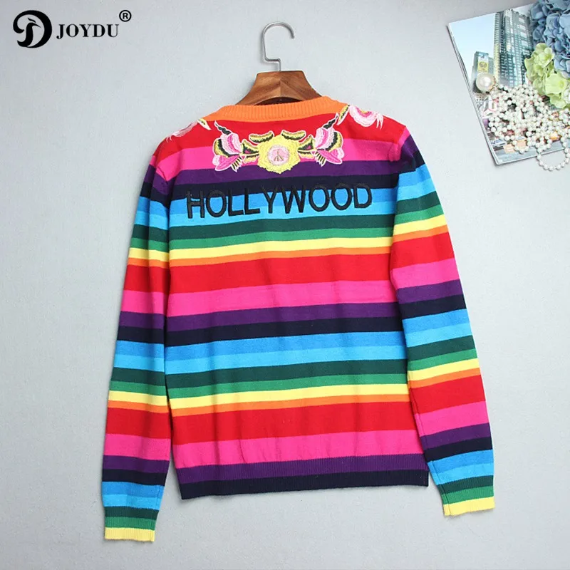 JOYDU 2018 Runway Designer Winter Sweater Women Flower Embroidery Tiger Rainbow Stripe Knitted Casual Pullover Jumper pull femme | Женская