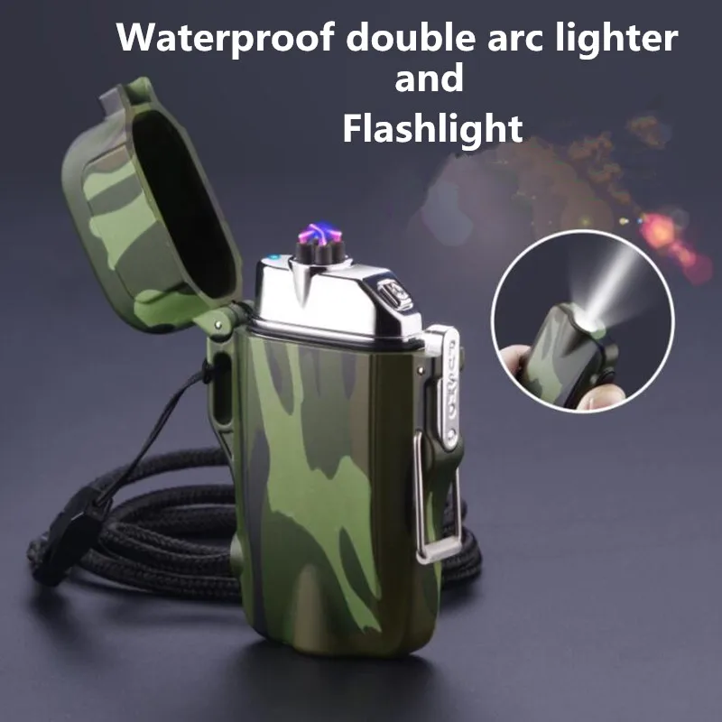 Mini Flashlight and USB Charging Double Arc Cigarette Lighter Windproof Waterproof Plasma Lighter For Outdoor Camping Sports