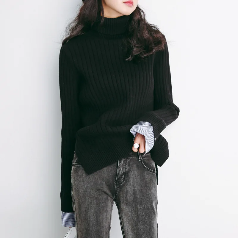 Women Turtleneck Sweater Fall Winter Knitted Jumper With Shirt Cuffs Black | Женская одежда