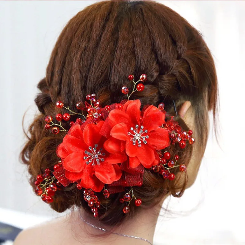 N 17X12CM Red Flower Великолепная красная повязка на голову в виде короны с цветами Тиара Свадебный золотой цвет головные уборы повязка для волос гребни невесты вечерние женские украшения для волос клипсы - Окраска металла: N 17X12CM Red Flower