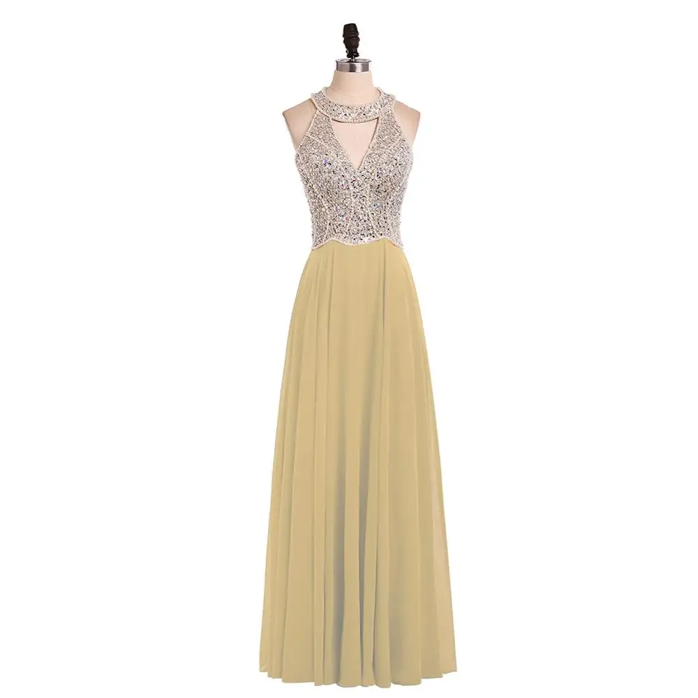 Vestidos de Fiesta, длинное вечернее платье, королевское синее шифоновое ТРАПЕЦИЕВИДНОЕ официальное длинное платье с лямкой на шее, Abendkleider, на заказ, 102417W - Цвет: Золотой