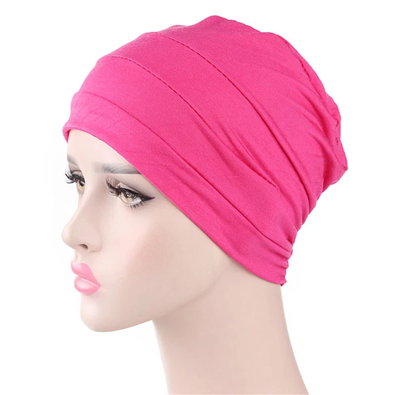 

Ladies Beanie Scarf Head Wrap Elastic Stretchy Cap Solid Color Women Turban Hat India Muslim Ruffle Chemo Hat
