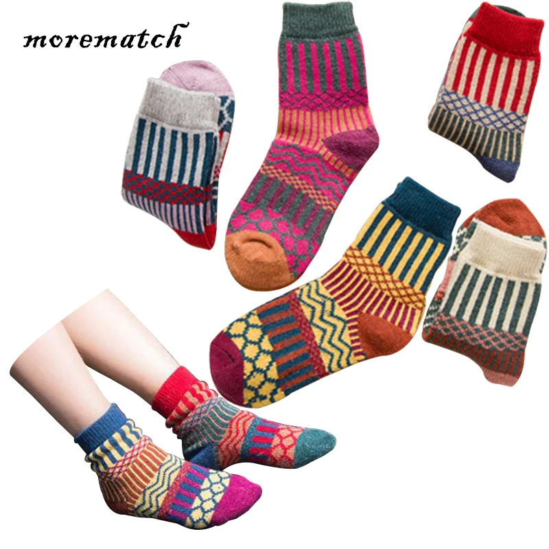 

Morematch 1 Pair Women Thick Winter Sock Striped Literary Folk Style Socks Rabbit Wool Blend Socks 5 Colors Optional