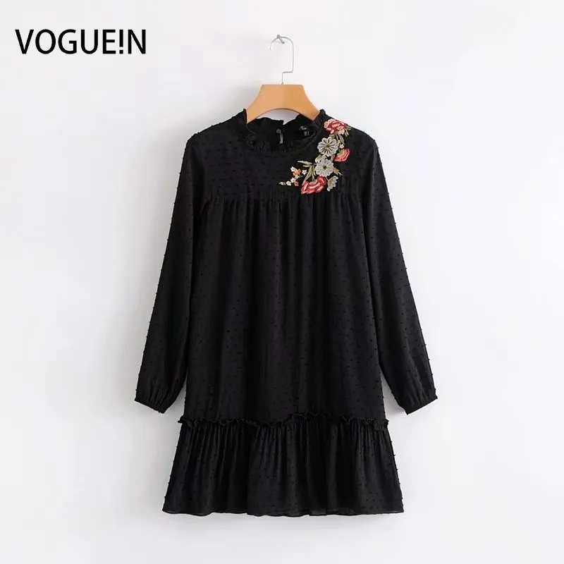 VOGUEIN Новое Женское платье с цветочной вышивкой гофрированный воротник длинным