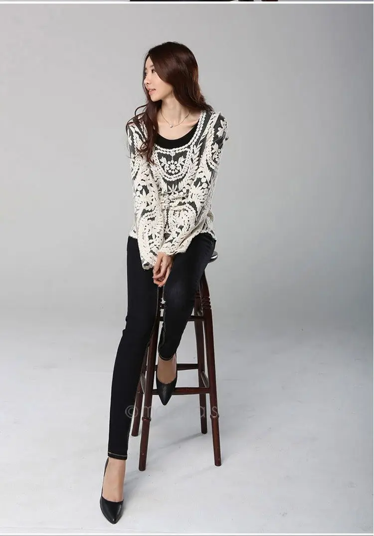 Blusas Femininas, женская сексуальная Кружевная блуза с длинным рукавом, топы, модные Ажурные вязаные топы