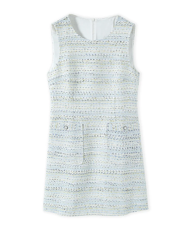 Женское твидовое платье без рукавов синее приталенное с бахромой весна осень