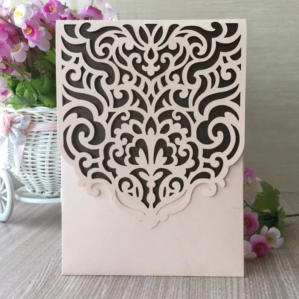 50 шт./лот новые кружевные Элегантные карманные свадебные приглашения с лазерной