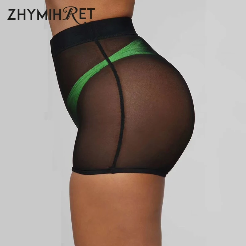 ZHYMIHRET неоновый цвет сетки пэчворк с высокой талией шорты женские Fittness байкерские