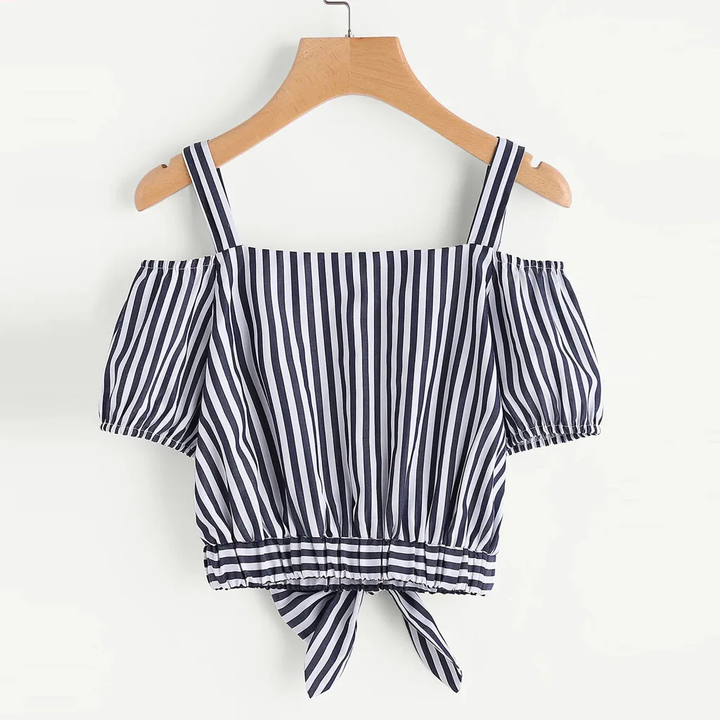 2019 модная женская летняя полосатая футболка с коротким рукавом и открытыми