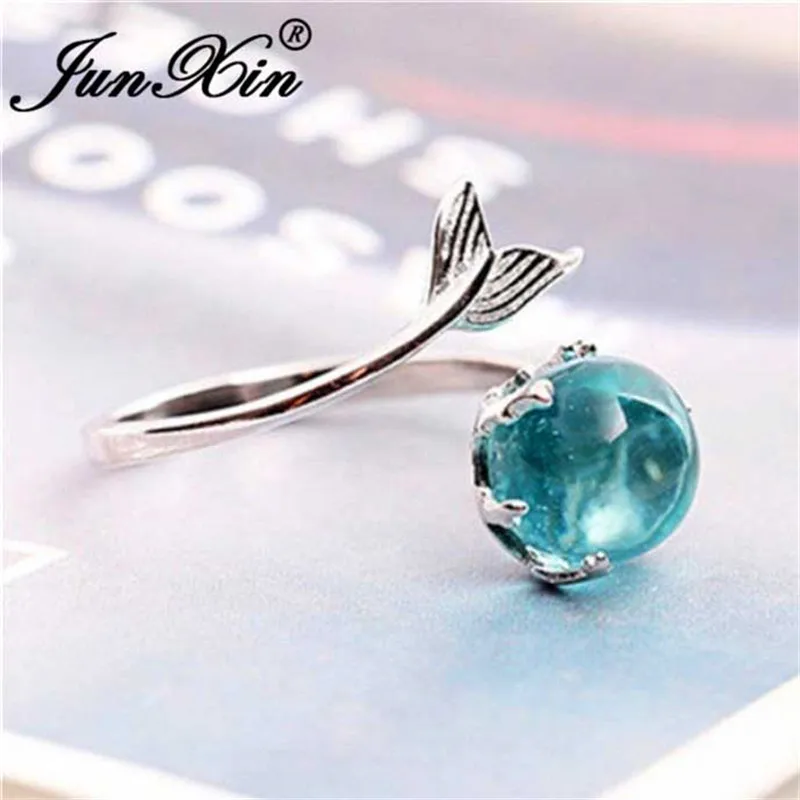 Женское кольцо с круглым камнем JUNXIN обручальное голубым кристаллом и хвостом