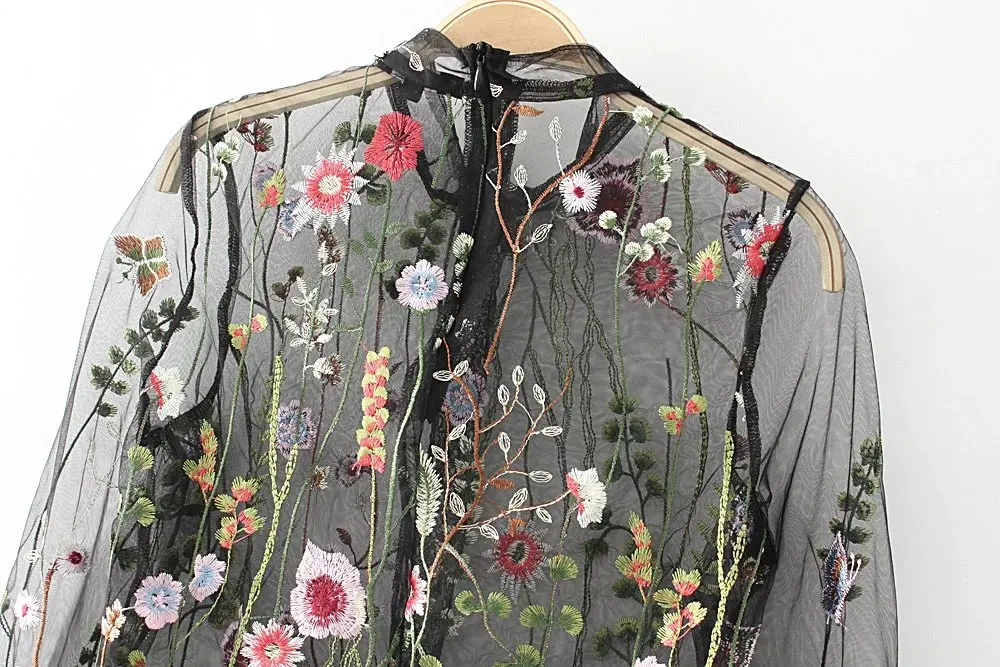 2017 Женская мода vestidos Тяжелая вышивка сетки сексуальные прозрачные блузки Леди О