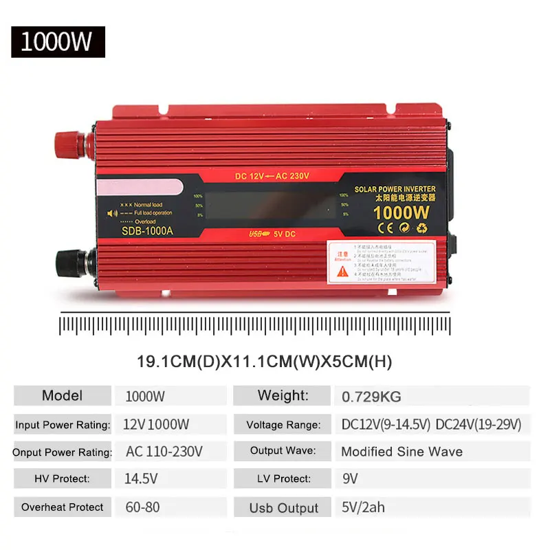 Автомобильный инвертор 12 В постоянного тока 220 2000 Вт 1000 мощности USB светодиодный