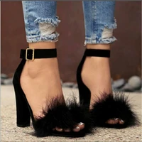 2019ankle strap high heels faux fluffy rabbit fur women sandals 2019 thick high heel party wedding summer lady shoes